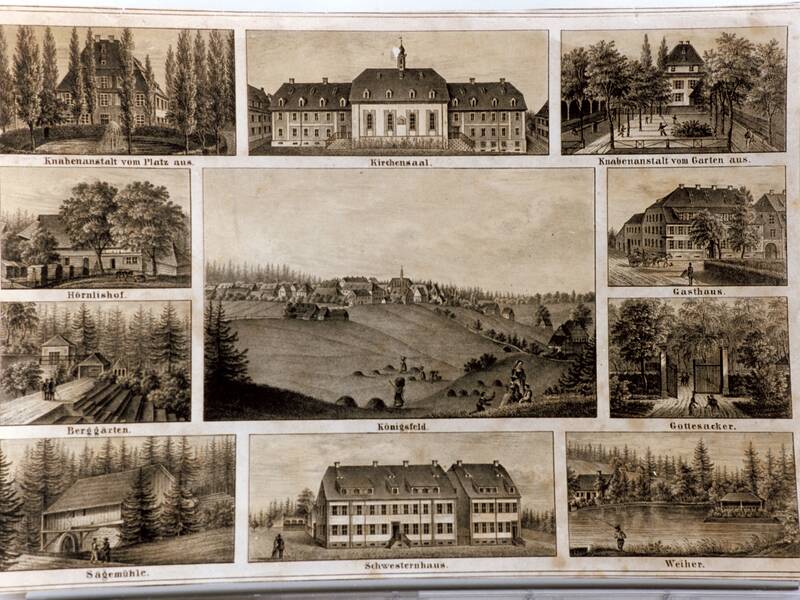 Eine Sammlung von schwarz-weißen Zeichnungen zeigt verschiedene Gebäude und Landschaften, darunter eine Knabenanstalt, einen Kirchenaal, ein Gasthaus sowie Landschaftsansichten mit Wäldern und Feldern.