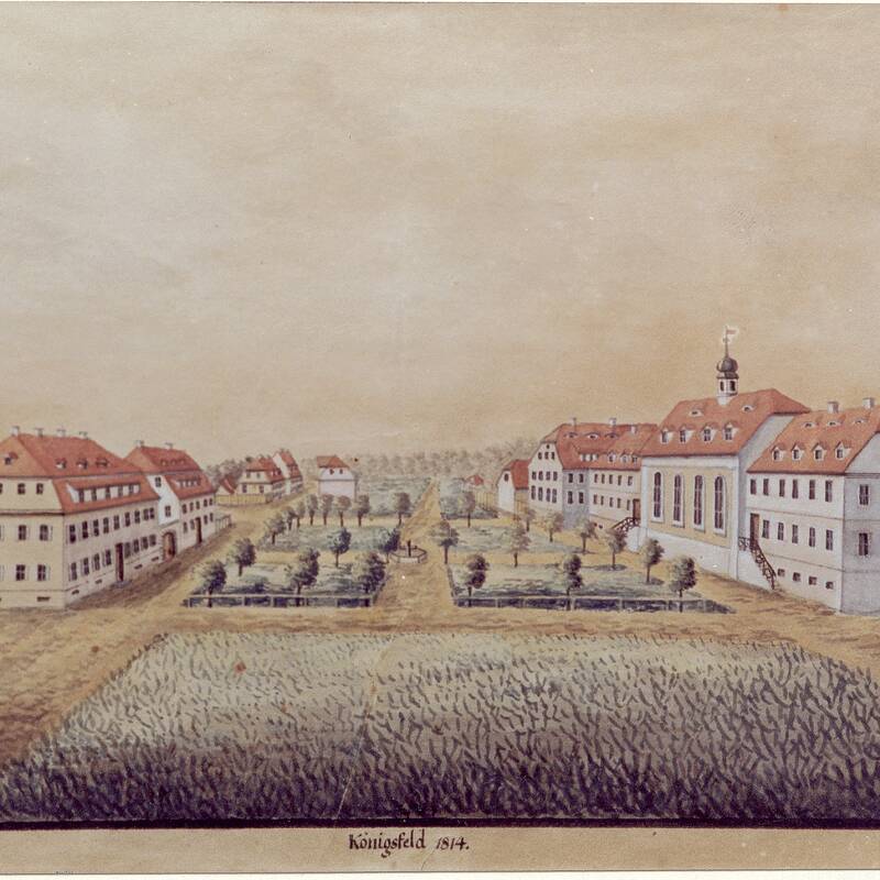 Das Bild zeigt eine historische Ansicht eines weitläufigen Gebäudekomplexes mit mehreren Gebäuden, die symmetrisch entlang einer zentralen Allee angeordnet sind, umgeben von Feldern und Wäldern.