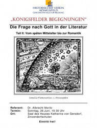 Ein Flyer für eine Veranstaltung des „Historischen Vereins Königsfeld“ mit dem Thema „Die Frage nach Gott in der Literatur“, illustriert mit einem mittelalterlichen Bildmotiv.