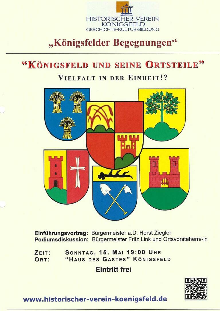 Das Plakat bewirbt eine Veranstaltung namens "Königsfelder Begegnungen" mit mehreren Wappen, Textinformationen und einem QR-Code.