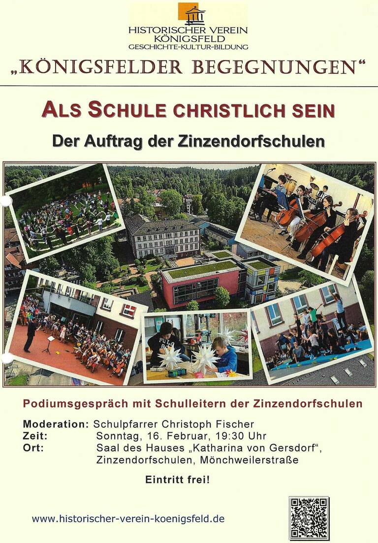 Das Bild ist ein Plakat für eine Veranstaltung mit dem Titel "Als Schule christlich sein - Der Auftrag der Zinzendorfschulen", mit Fotos von Kindern, die sich im Freien vergnügen, Musik machen, basteln und turnen.