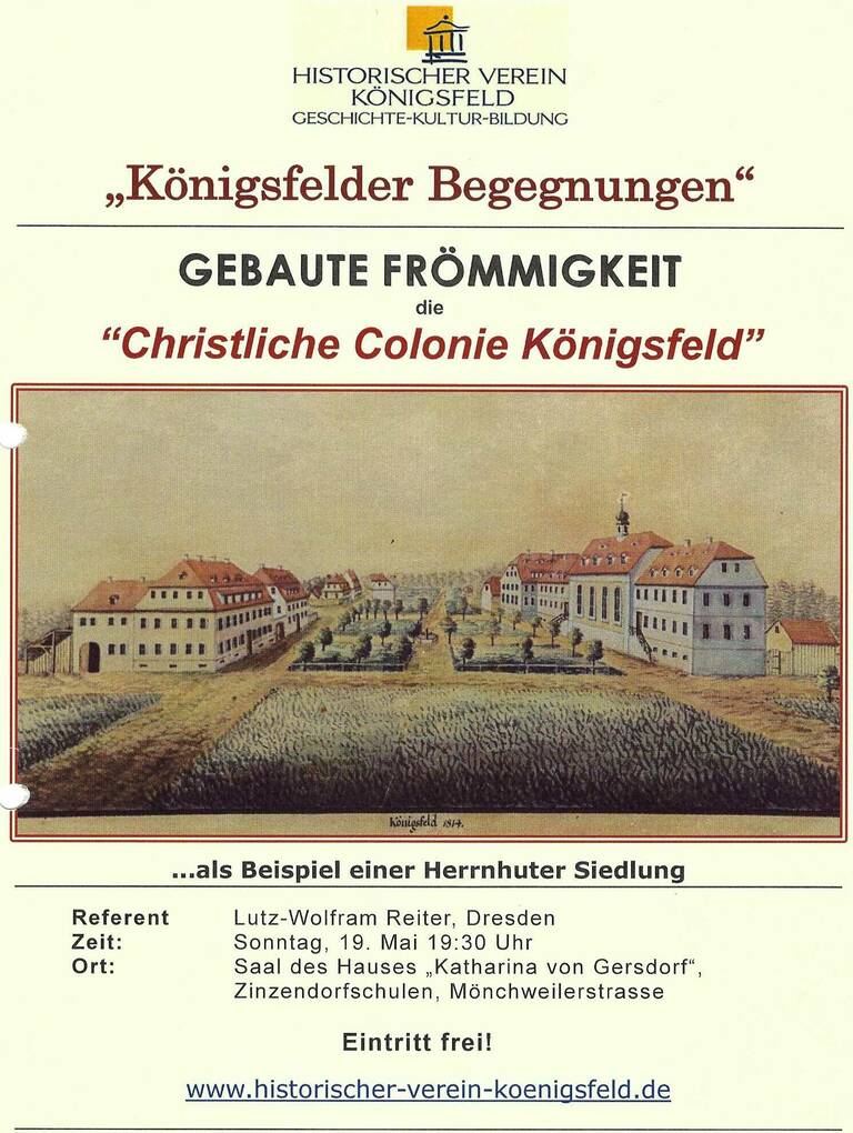 Ein Plakat des Historischen Vereins Königsfeld informiert über einen Vortrag zur "Christlichen Colonie Königsfeld" mit einem historischen Gemälde einer Siedlung als Illustration.