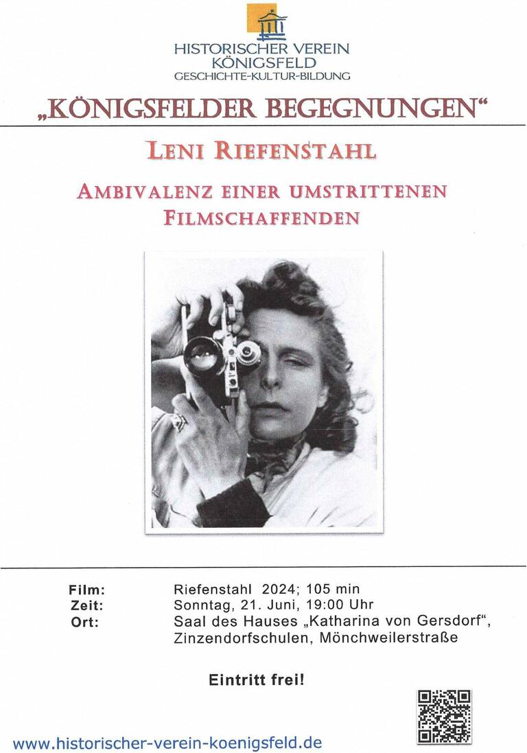 Der Flyer des Historischen Vereins Königsfeld kündigt eine Veranstaltung über die ambivalente Filmschaffende mit einem Foto einer Person, die durch eine Kamera schaut, und bietet Informationen über Datum, Zeit und Ort der Veranstaltung sowie freien Eintritt.