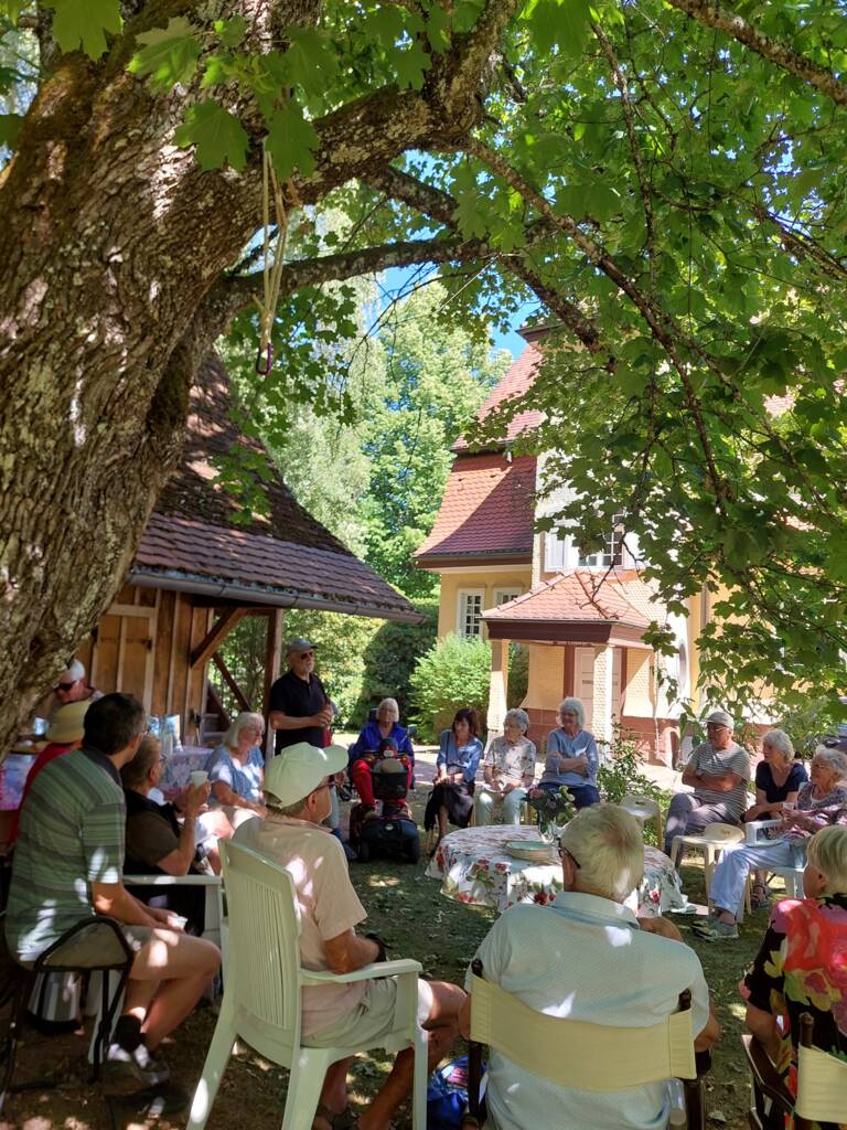 Eine Gruppe älterer Menschen sitzt in einem Kreis im Schatten eines großen Baumes und hält eine Versammlung im Freien ab.