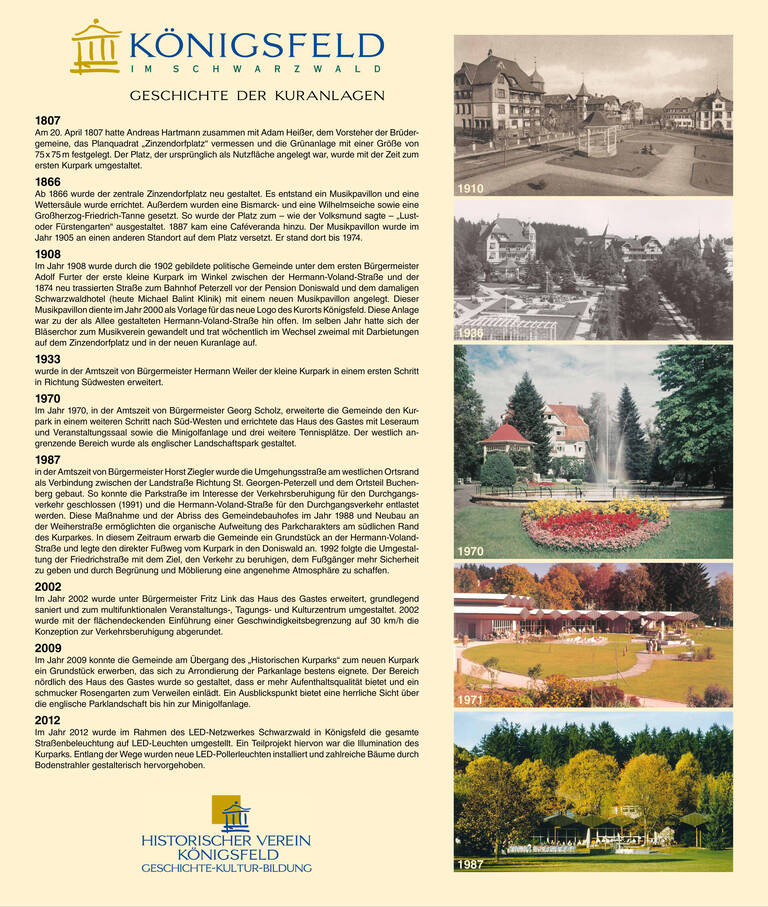 Das Bild ist eine Infotafel über die Geschichte der Kuranlagen in Königsfeld im Schwarzwald mit historischen Fotos aus den Jahren 1910, 1936, 1970, 1974 und 1987, ergänzt durch erklärende Texte.