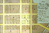 Der historische Stadtplan von 1807 zeigt ein rasterförmiges Straßennetz mit beschrifteten Blöcken und einem Fluss auf der rechten Seite.