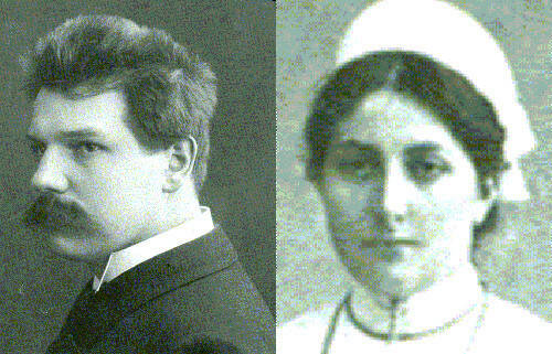 Ein Mann mit Schnurrbart und Anzug ist links abgebildet, während rechts eine Frau in traditioneller Kleidung mit Haube zu sehen ist.